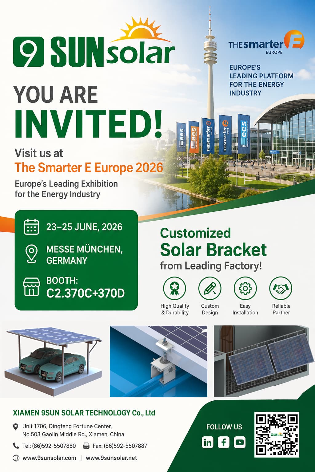 XIAMEN 9SUN SOLAR TECHNOLOGY Co., Ltd nodigt u uit voor een ontmoeting op The Smarter E Europe 2026.